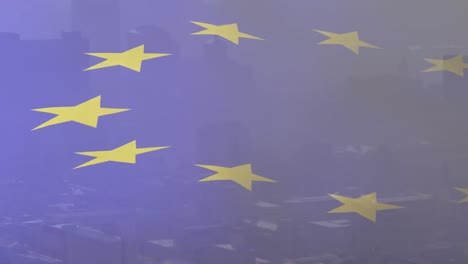 animation of flag of european union over modern cityscape of tower blocks