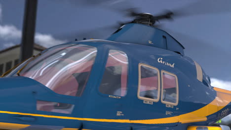 close-up of a blue and yellow helicopter