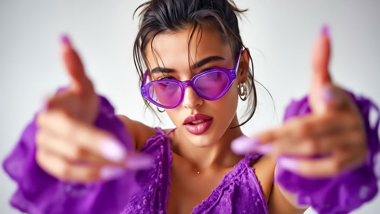 A woman in a purple dress and purple sunglasses pointing at the camera