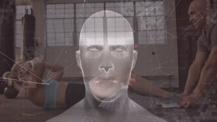 Wireframe head model initiating rotation with glitch, tracking trainee fitness crunch metrics
