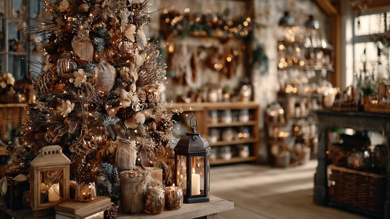 Un albero di Natale splendidamente decorato, circondato da lanterne calde e decorazioni festive in un ambiente accogliente per le feste, pieno di fascino e allegria