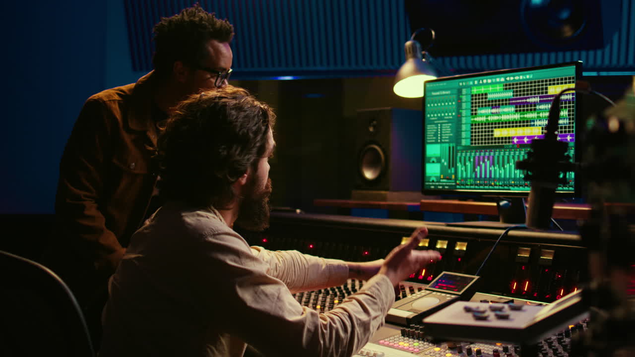 Team of audio technician and artist producing and editing sound on mixer console