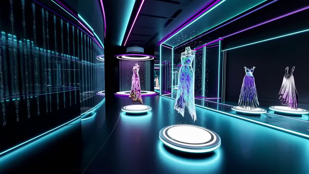 Futuristic fashion video with a low-angle view, showcasing glowing dresses in a neon-lit space