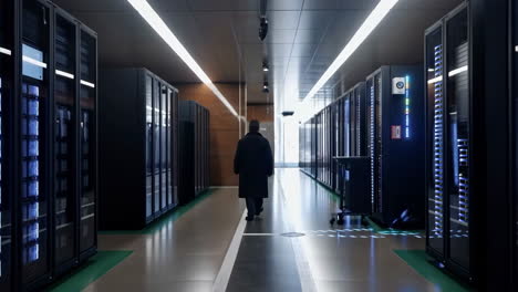 a person walks through a modern server room or data center