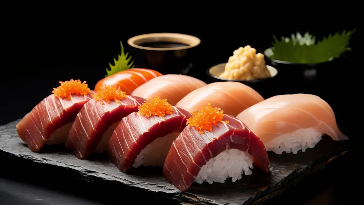 Close up of meticulously prepared tuna, salmon, and butterfish nigiri on a dark slate plate, accompanied by wasabi, soy sauce, fresh tobiko, and shiso leaves