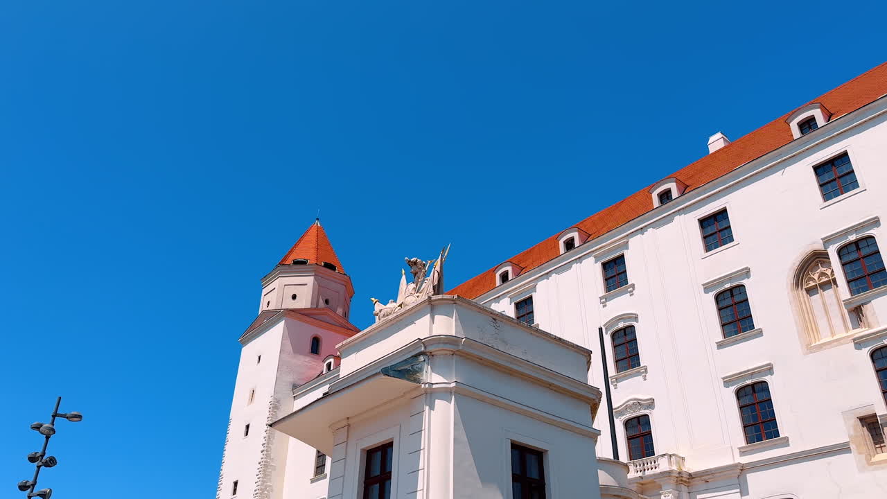 Decorative elements in historical architecture. Low angle view at the top of the Bratislava Castle, Slovakia