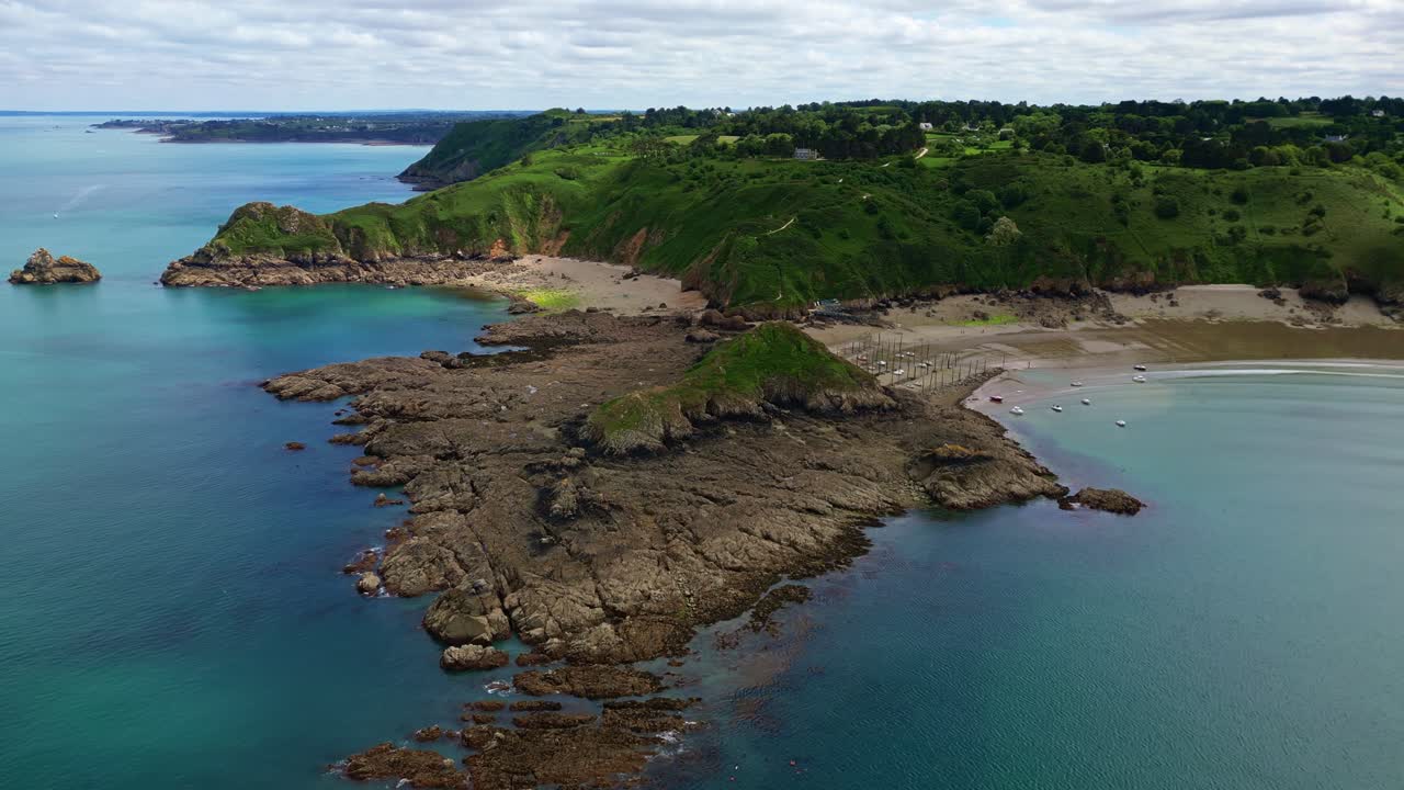 Amazing drone view of jagged rocky coastline stretching at Gwin Zégal spectacular cliffs, Côtes-d'Armor, Brittany, France.