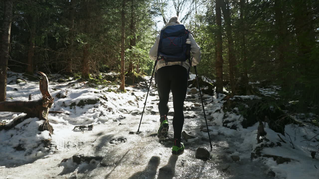 Caucasian woman hiking in snowy mountain during the day with fir trees around her, tracking gimbal shot