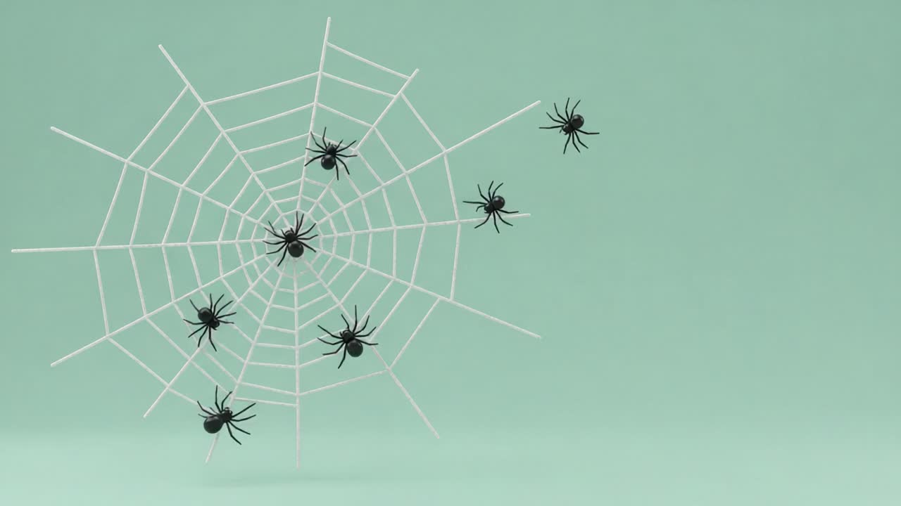 A Captivating Display of Intricate Spider Webs Featuring Multiple Black Spiders Against a Soft Mint Green Background, Capturing the Mystique of These Arachnids in Nature