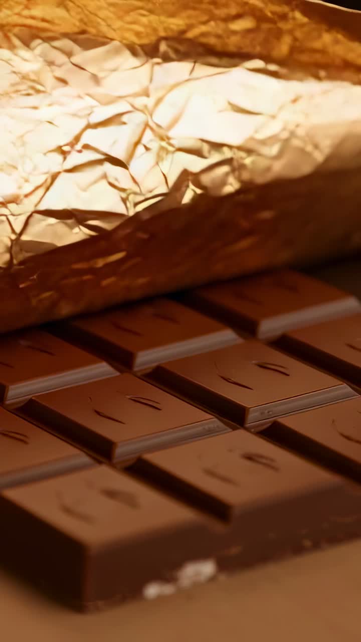 Video vertikal: Mencubit sudut foil, jari mengelupas foil emas di atas meja untuk memperlihatkan batang cokelat
