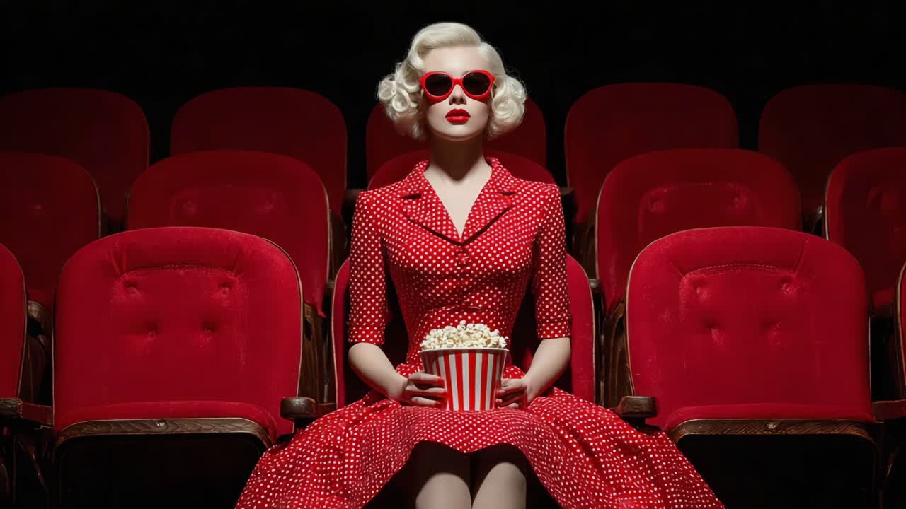 Un'accattivante esperienza cinematografica vintage: Una figura affascinante in un abito a pois seduta in un teatro rosso, che tiene in mano un contenitore di popcorn ed emana eleganza.