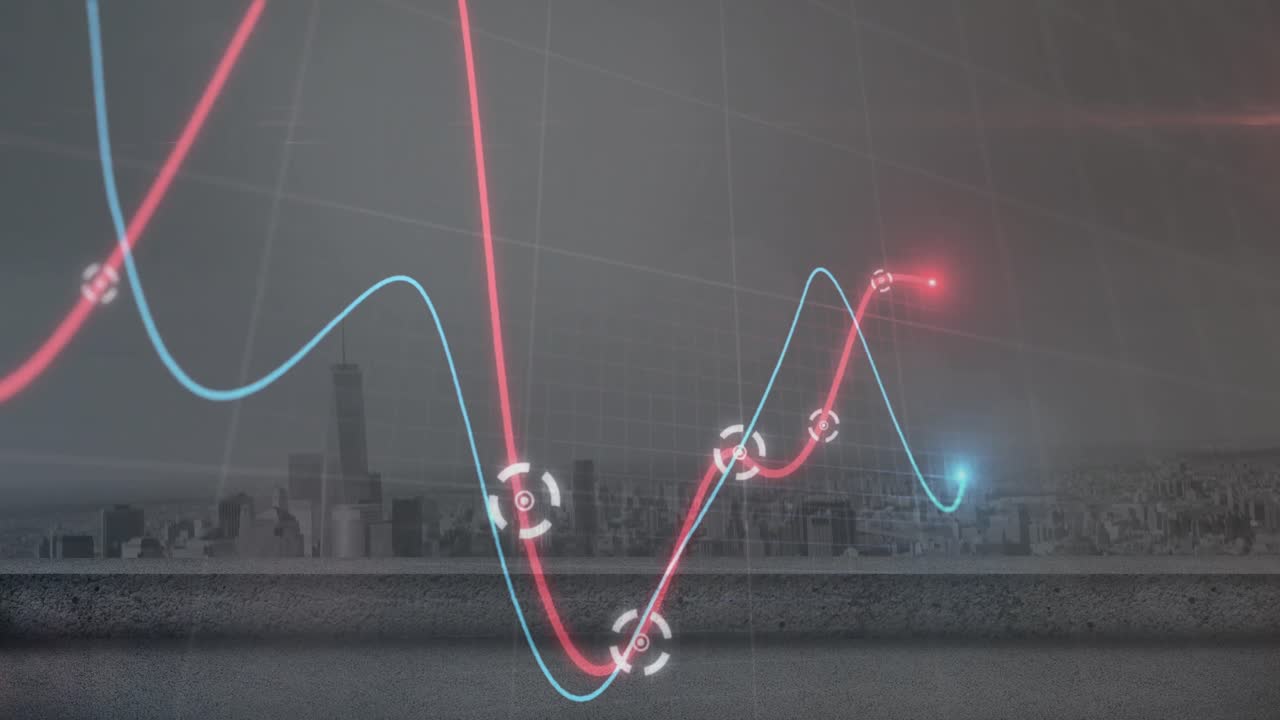 Animation of glowing graphs moving over grid network against aerial view of cityscape