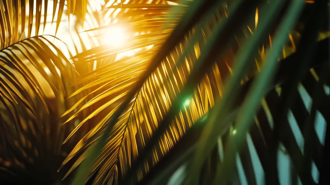 Sunlight filters through palm leaves, creating a warm, tropical ambiance