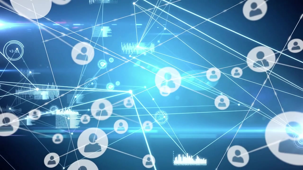 Animazione di rete di connessioni con icone su sfondo blu