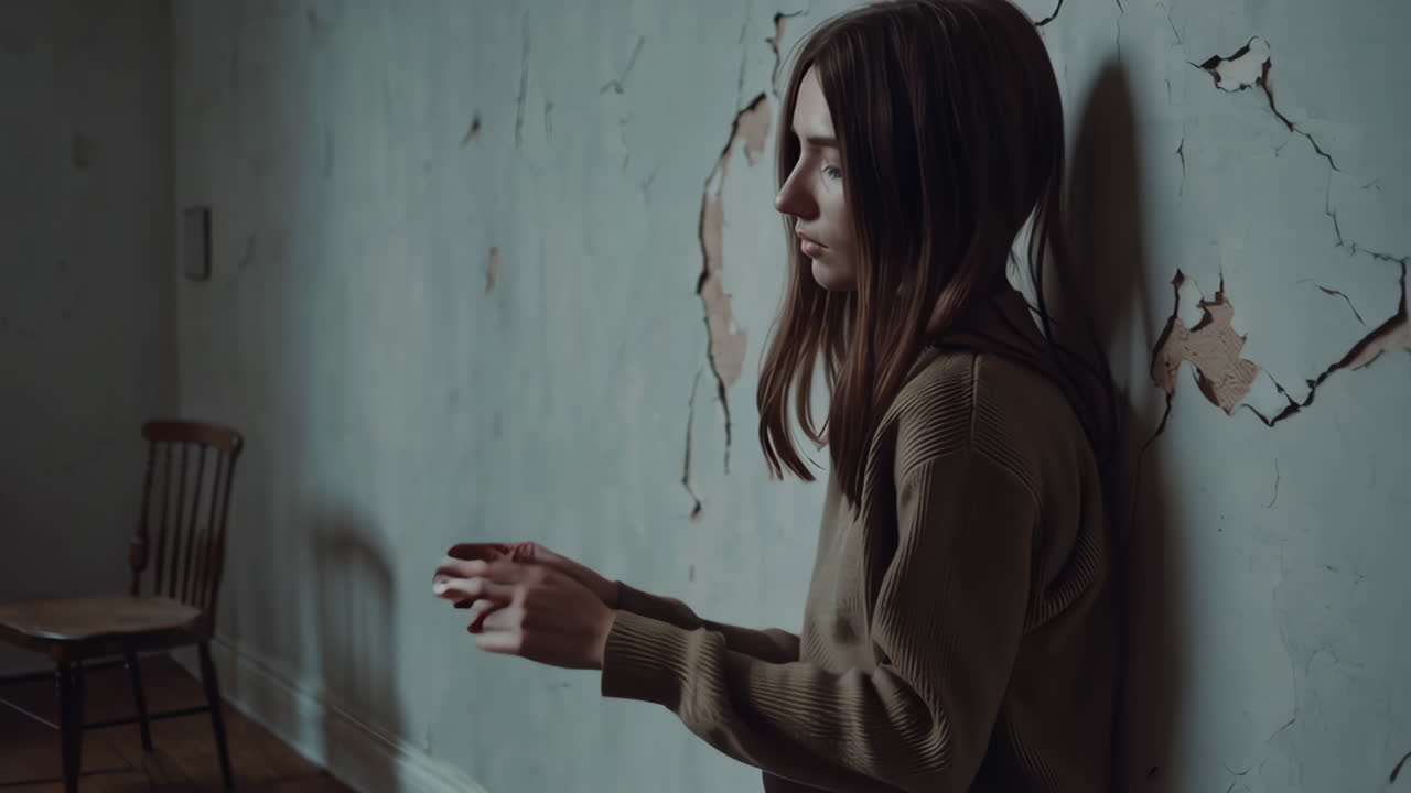 Sad Girl Sitting Against a Wall