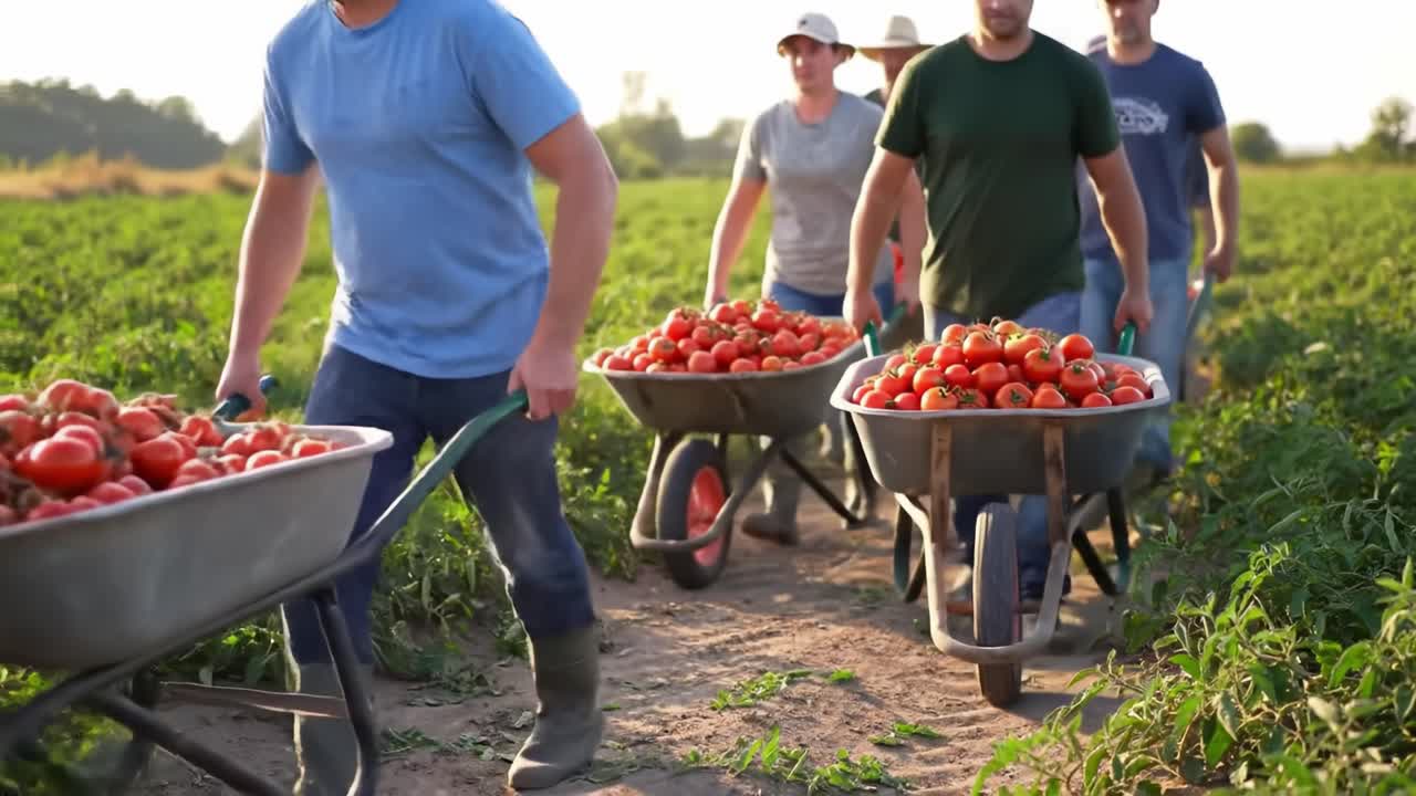 Farmers Working Together to Harvest Fresh, Ripe Tomatoes Using Wheelbarrows in a Lush Green Field Under a Clear Blue Sky on a Beautiful Sunny Day