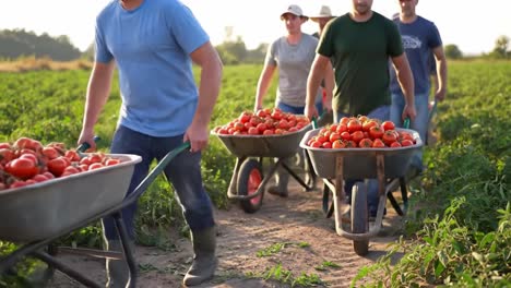 farmers working together to harvest fresh, ripe tomatoes using wheelbarrows in a lush green field under a clear blue sky on a beautiful sunny day