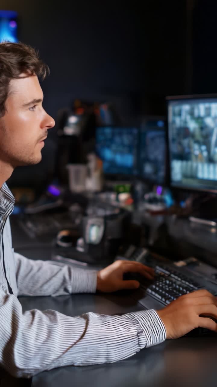 Focused Surveillance Operator Monitoring Security Footage on Multi-Screen Setup During Night Shift, Highlighting Attention to Detail and Technology Usage
