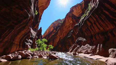 sunlit river flowing through a scenic canyon
