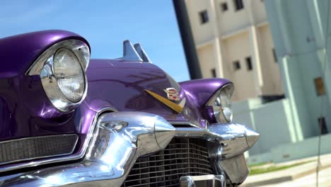 close-up of a vintage purple cadillac