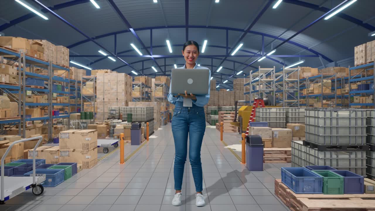 Donna asiatica a figura intera con il suo laptop in un magazzino con scaffalature, sta sorridendo alla fotocamera.