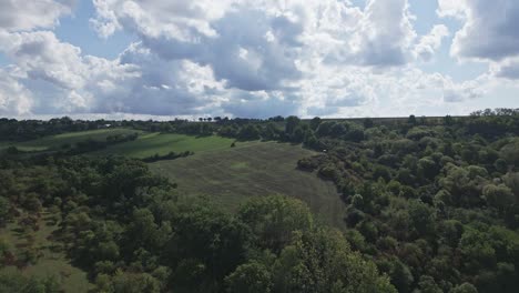 Vista-Aérea-Del-Paisaje-Fértil,-Campos,-árboles-De-Hoja-Caduca-Y-Diversidad