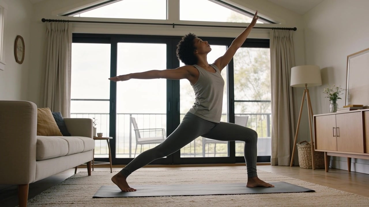 Woman shifting from warrior-II into reverse-pose on yoga mat at home in gray leggings for balance