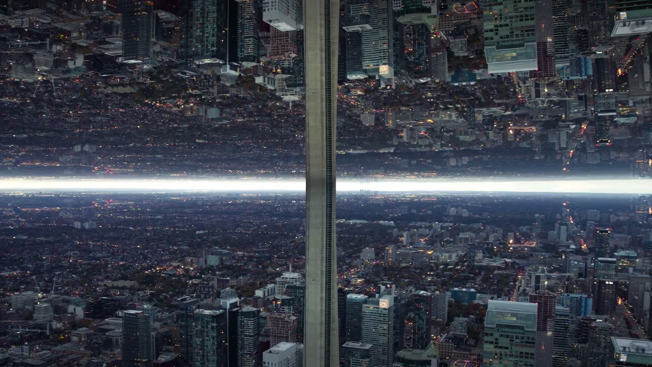 Doubling symmetry effect, mirroring city metropolis -  Aerial parallax render