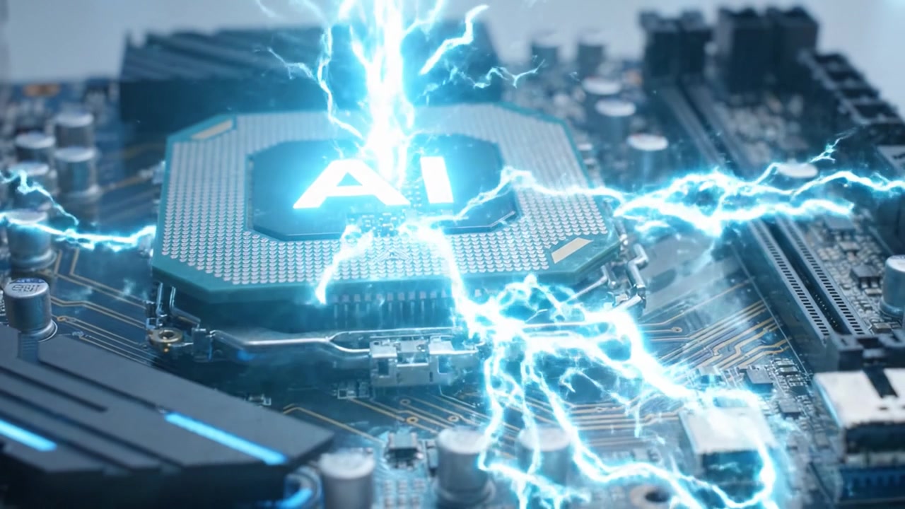 Exploring Cutting-Edge Technology: A Detailed Look at a Powerful Processor Embedded on a Circuit Board Surrounded by Dynamic Electric Sparks