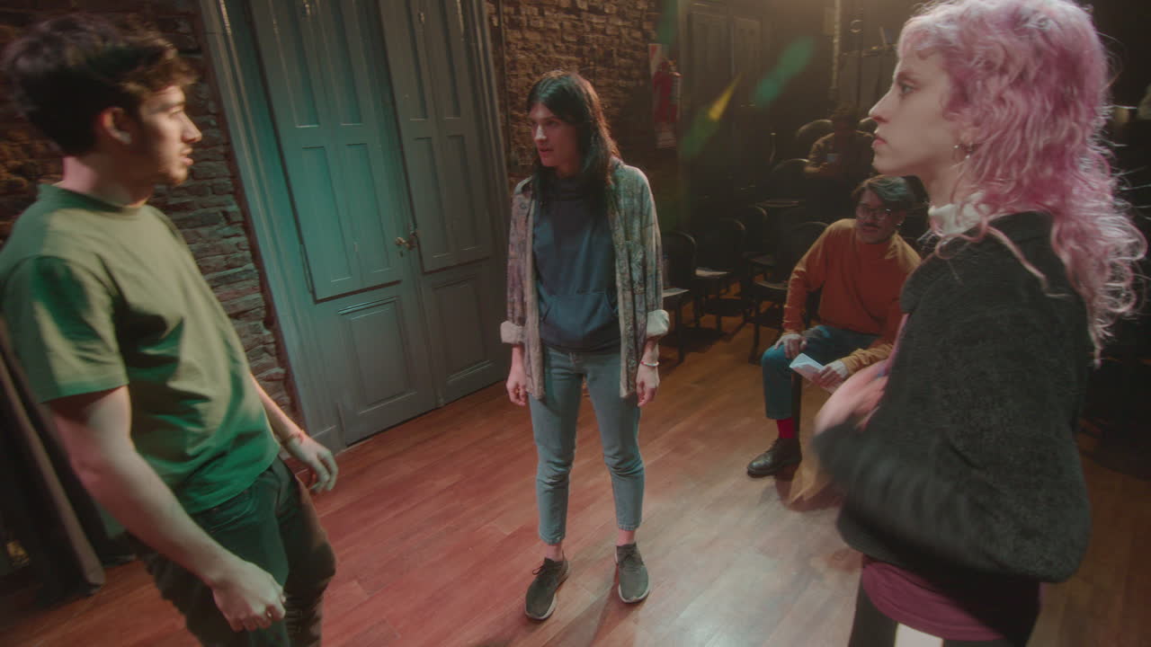 Young Performers Acting on Theater Stage during Rehearsal