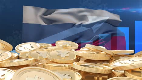 animación de monedas de yen sobre procesamiento de datos y bandera de rusia