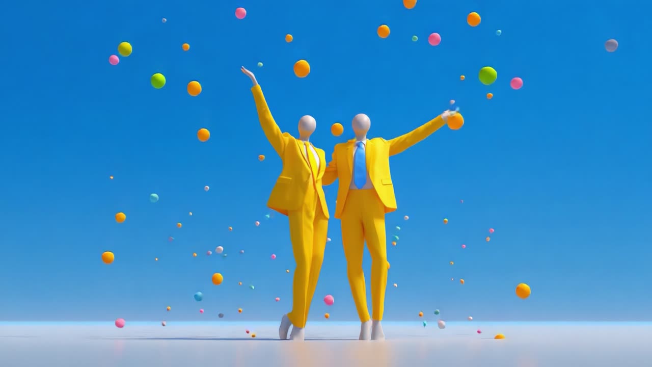 Joyful Celebration of Colorful Happiness: Two Stylized Figures in Bright Yellow Suits Embrace a Festive Atmosphere Surrounded by Vibrant Floating Orbs Against a Clear Blue Sky