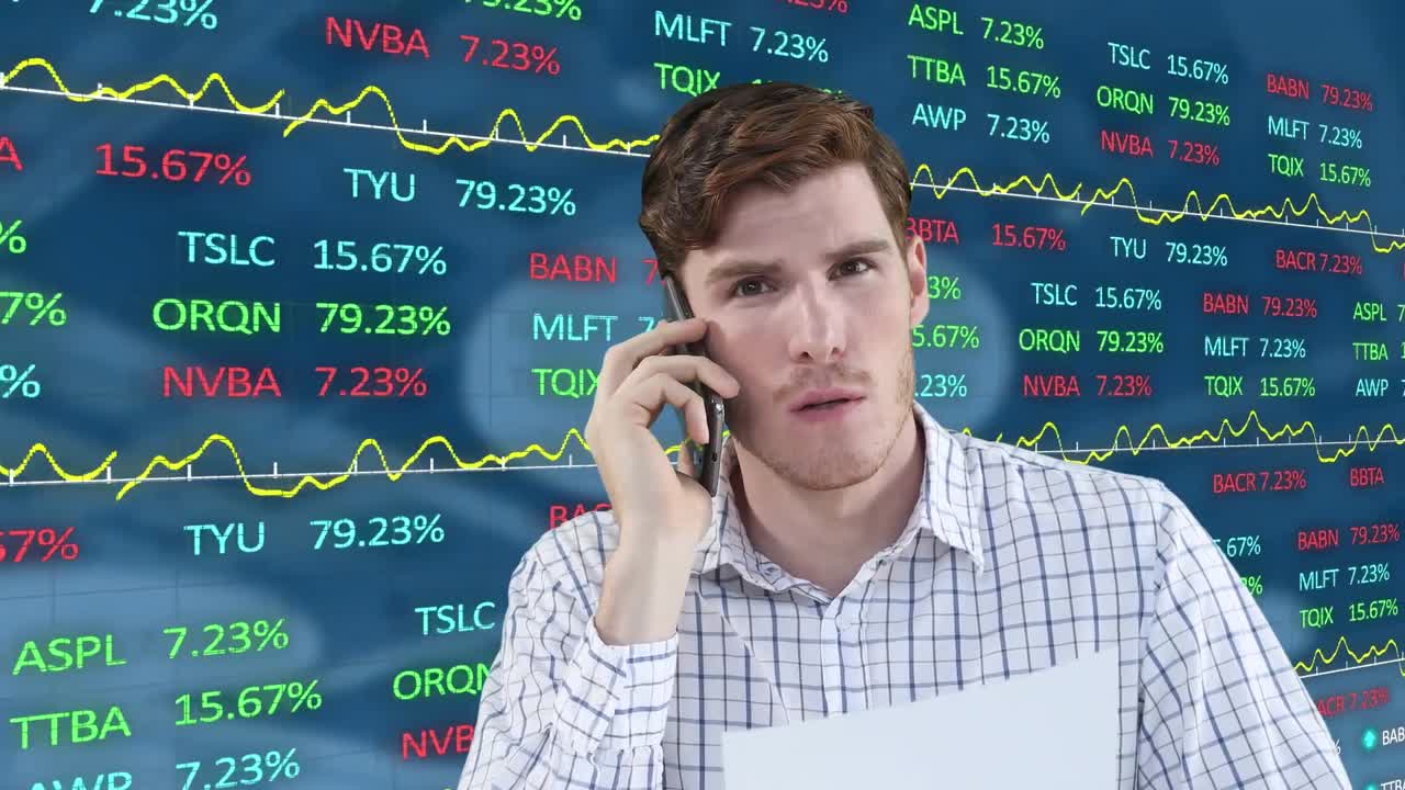 Animation of businessman using smartphone and financial data processing over empty office