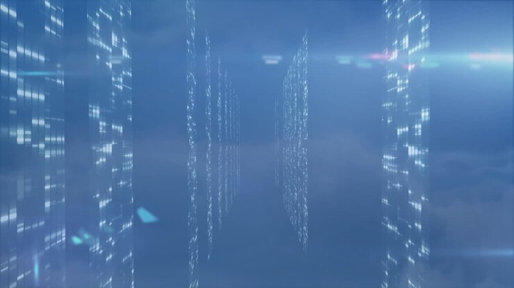 In school, child watching animation of digital data streams in virtual environment