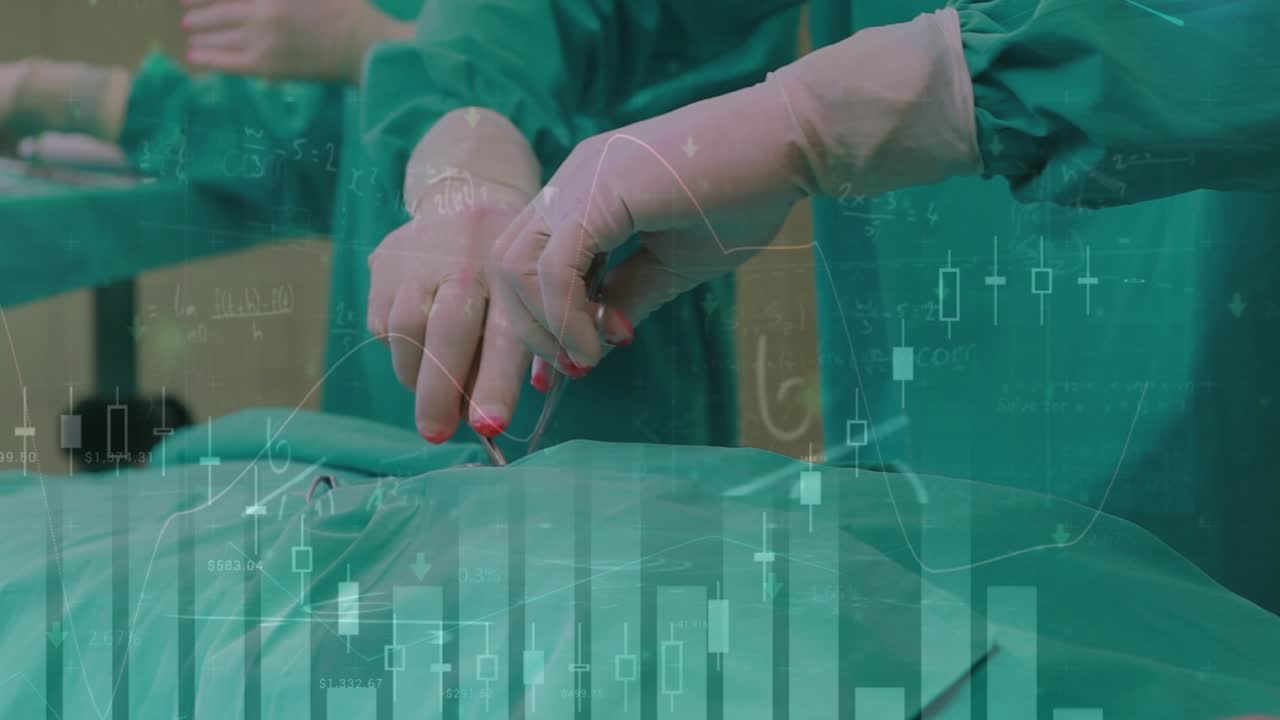 Animatie van een digitale interface boven chirurgen in een operatiekamer
