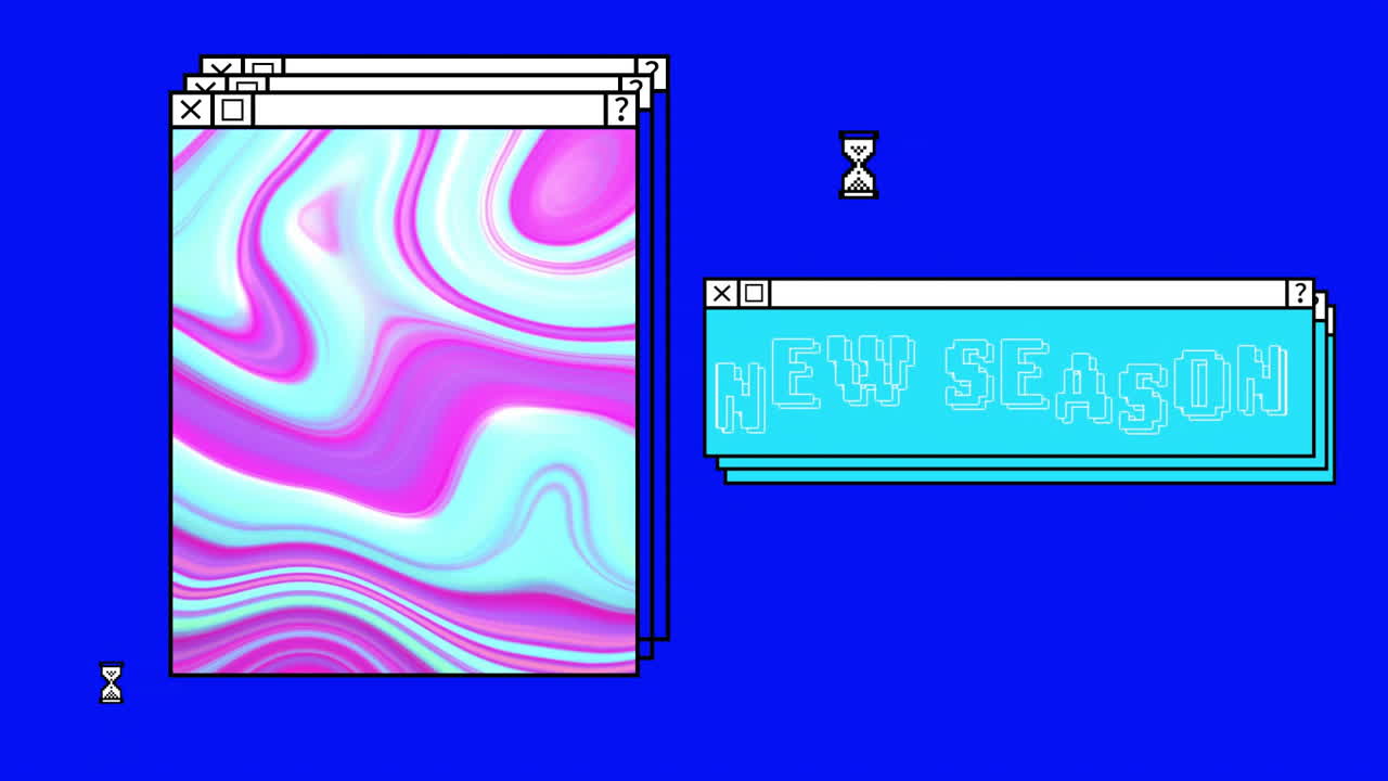 Animation of digital interfaces with new season text and colourful shapes on blue background