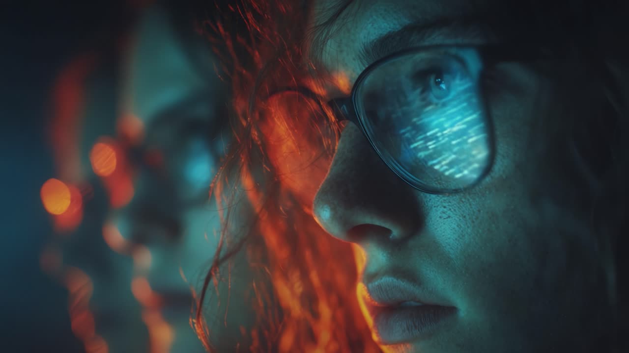 A captivating close-up of a person with glasses immersed in a digital world, reflecting vivid lights and data streams that symbolize modern technology and connectivity