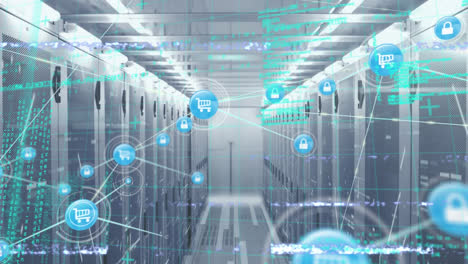 Animation-of-interference,-data-processing-and-network-of-connections-over-server-room