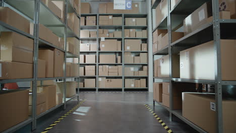 warehouse interior with cardboard boxes on metal shelving