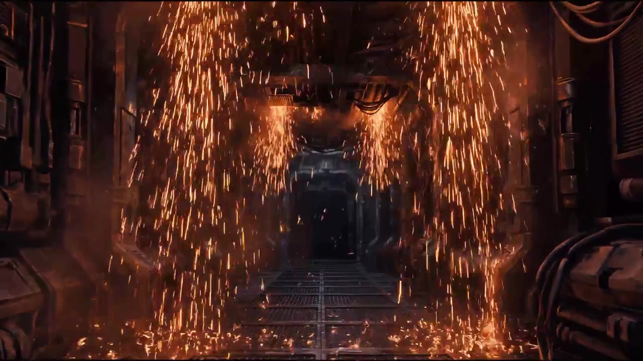 Sparks Falling in Dark Industrial Corridor