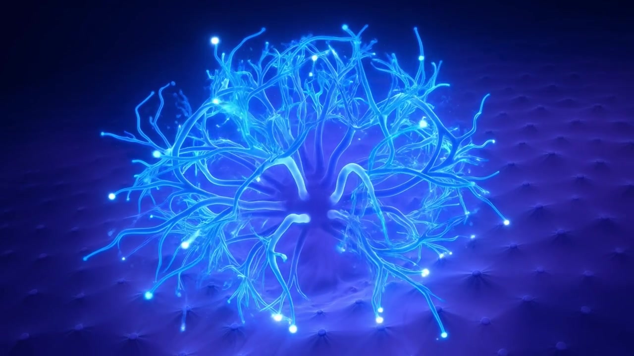 Blue Glowing Neuron Transmitting Electrical Signals in a Neural Network