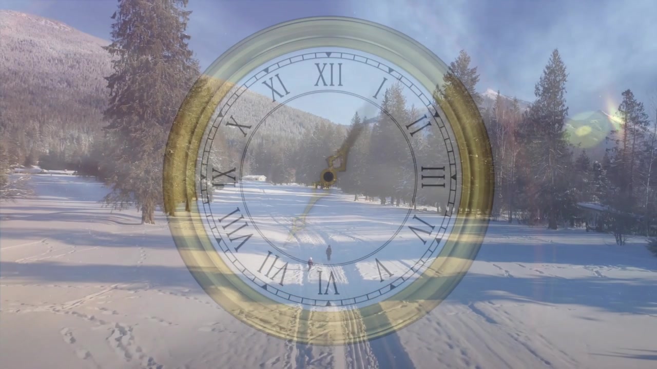 Two boys stepping into ski tracks, skiing toward treeline meadow clock overlay hovering education
