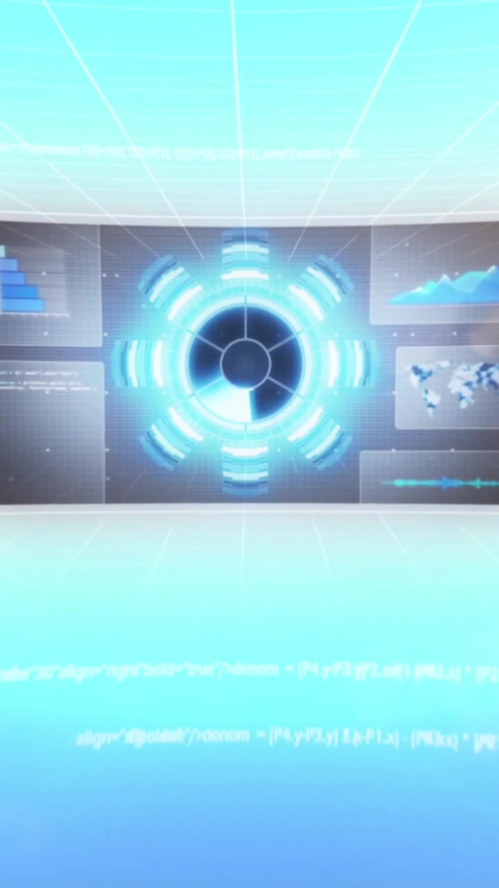 Animazione di grafici, radar, onda sonora e linguaggio informatico su sfondo astratto.