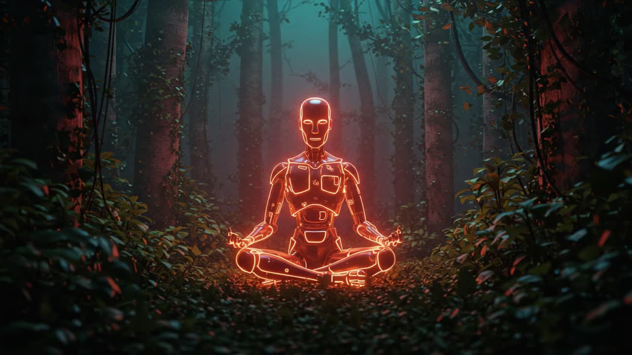 A Tranquil Encounter with an Illuminated Robot Meditating in a Mystical Forest, Enveloped by Lush Greenery and Pulsating Light Against Ethereal Backdrops