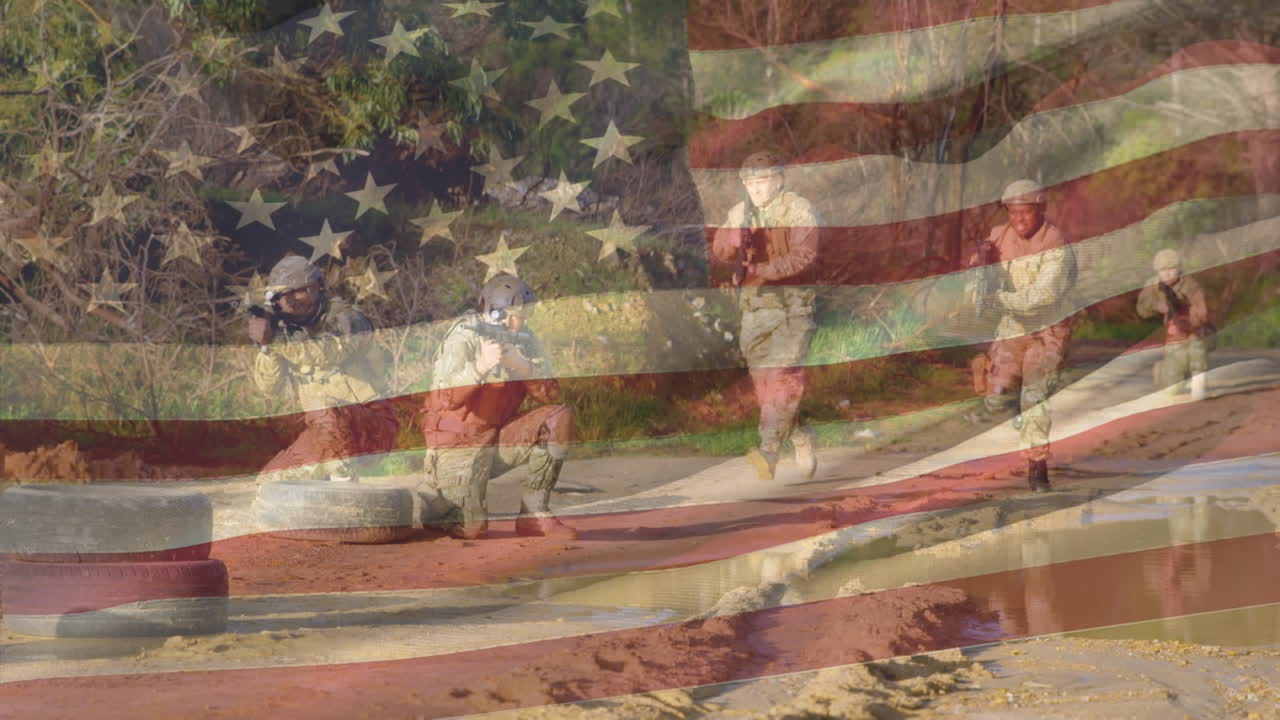 animación de la bandera de ee.uu. sobre varios soldados