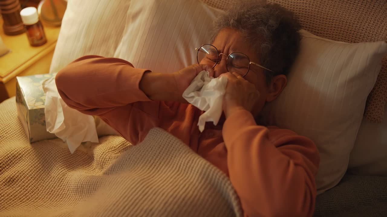 Scène chaleureuse d’une personne au lit avec des mouchoirs, capturée de côté, ressemblant à une image fixe de vidéo