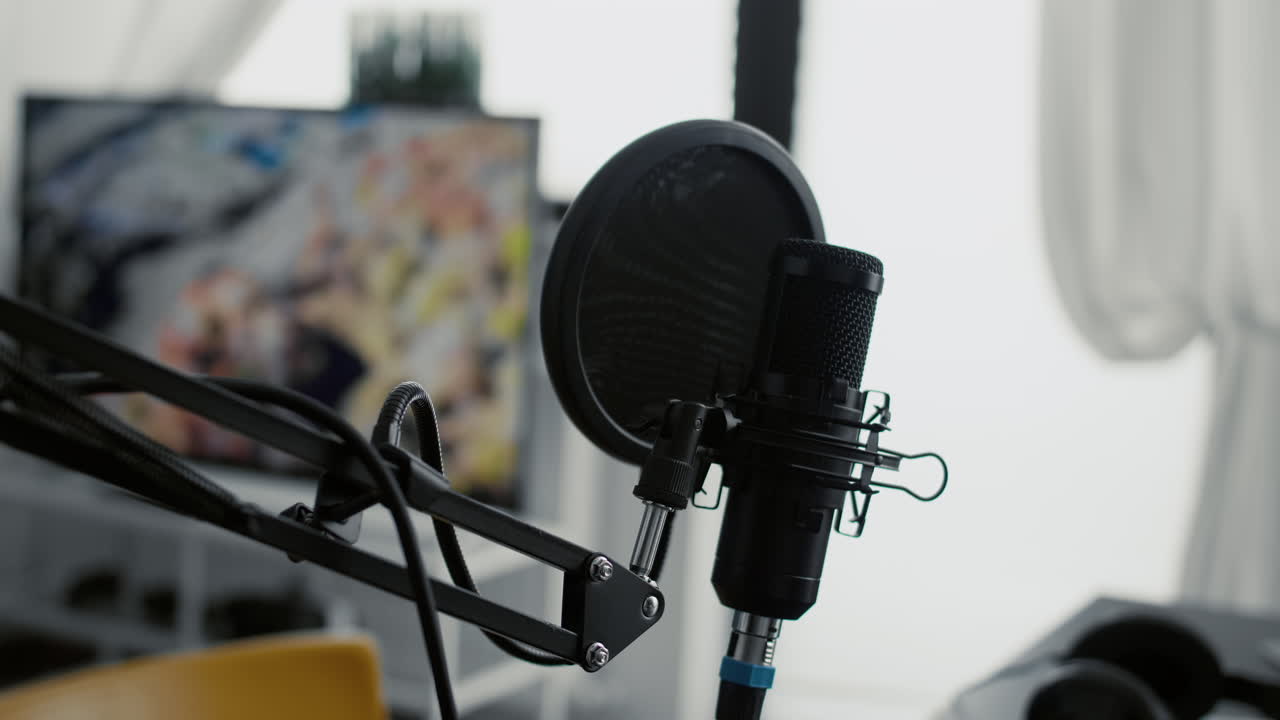Professional microphone on stand installed in home studio