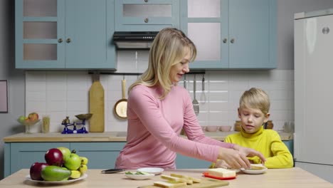 mother and son making sandwiches in the kitchen