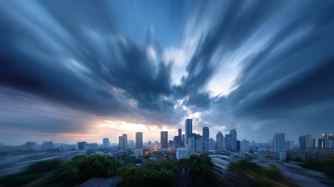 Dramatic Urban Skyline Transformation Under Stormy Clouds as Day Turns to Night, Showcasing Nature's Power Amidst Cityscape