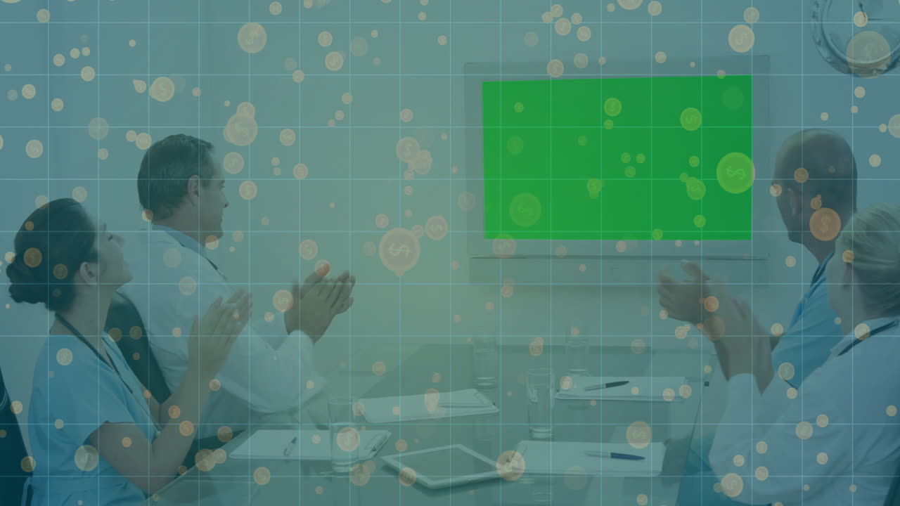 Clapping in meeting room, medical professionals with data processing animation overlay